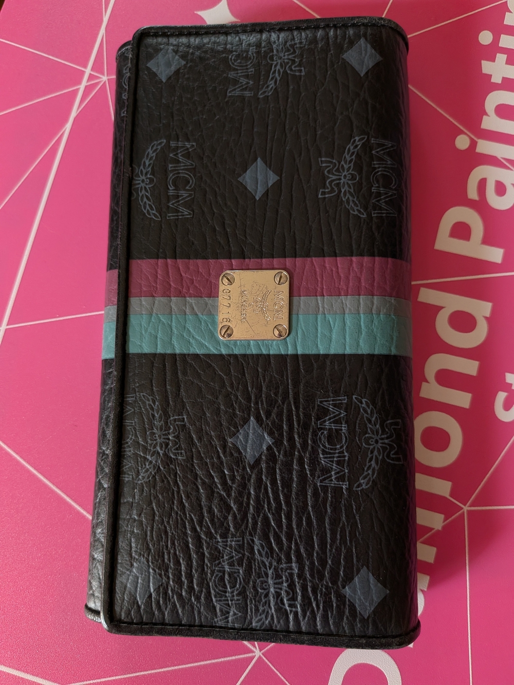 MCM Black Logo Leather Continental Wallet with Pink and Teal Stripes